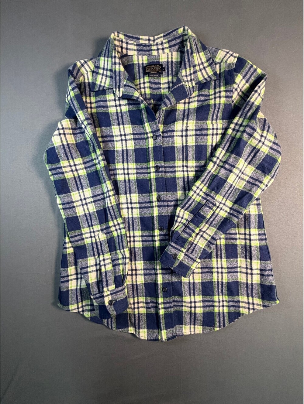 Pendleton Men's Large Blue and Green Plaid Wool Button-Up Shirt Made in USA